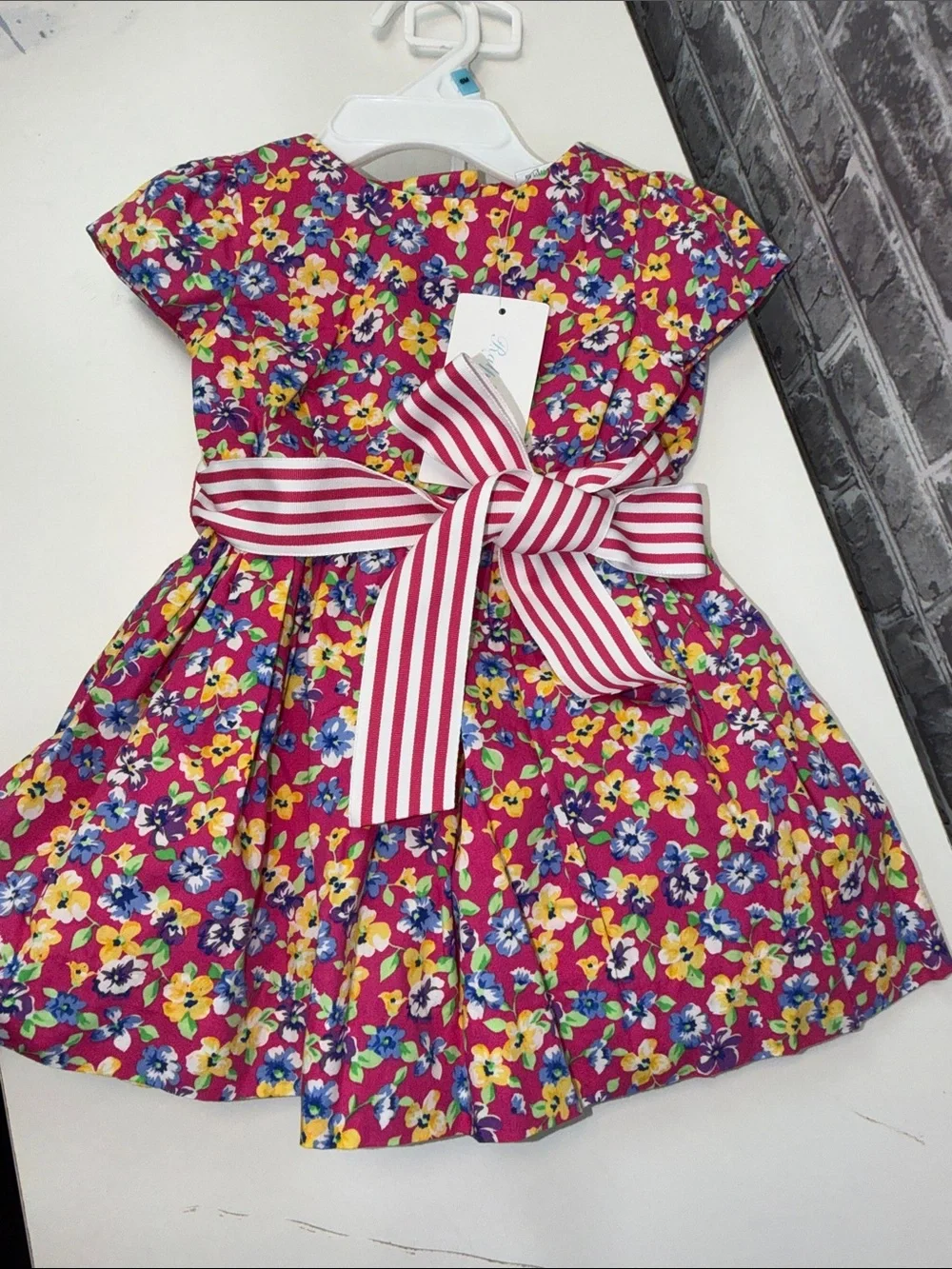 NWT‎ Ralph Lauren Pink Floral Dress with Striped Bow